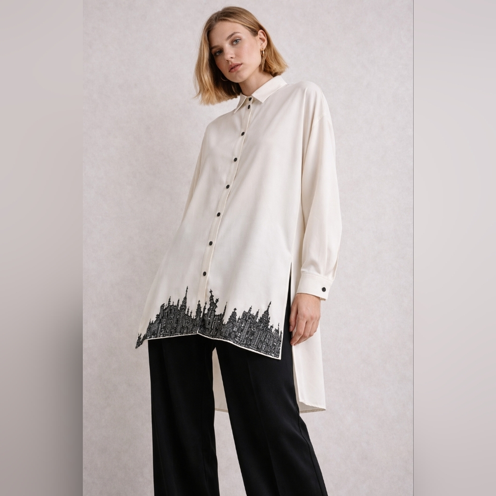 Ivory Oversized Shirt Dress Refashioned with Black Lace Hem Slit Tunic